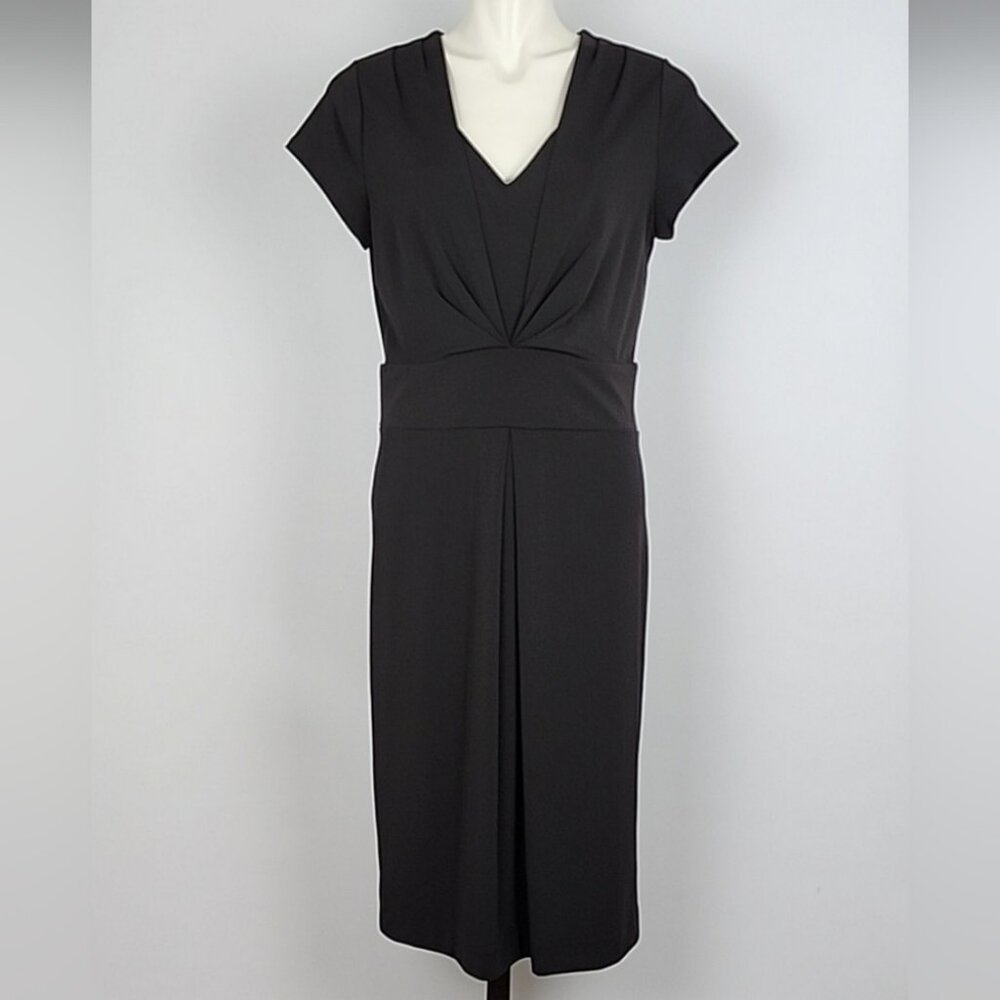 TALBOTS Women's Black Short Sleeves V-Neckline Midi Dress Drapey Stretch Size 8